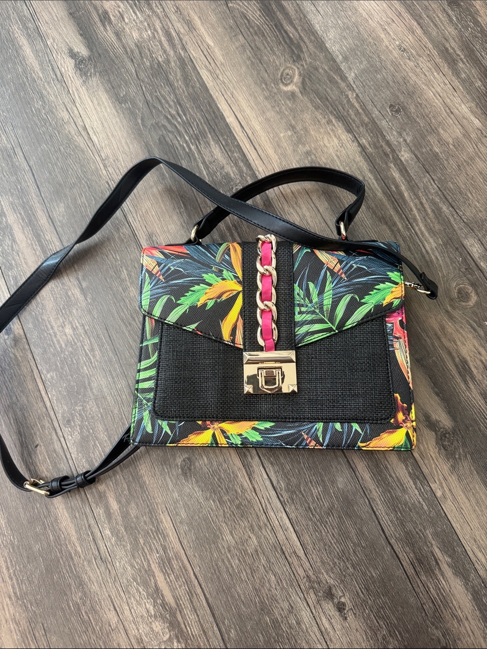 Aldo Black Tropical Print Crossbody with Gold-Tone Hardware